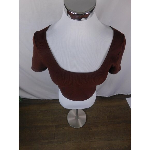Bozzolo Brown Ribbed Crop Top Square Neck Short Sleeve M/L - Picture 2 of 10